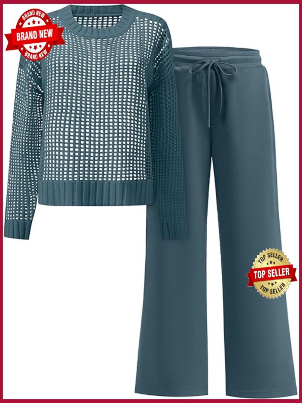 Women's 2 Piece Crochet Knit Sweater Top & Wide Leg Pants Lounge Set